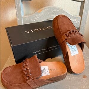 Vionic Brown Suede Chain-Trim Mules
